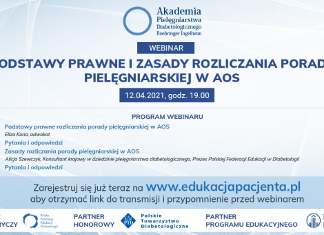 Zaproszenie na webinar Podstawy prawne i zasady rozliczania porady pielęgniarskiej w AOS, 12 kwietnia 2021, godz. 19